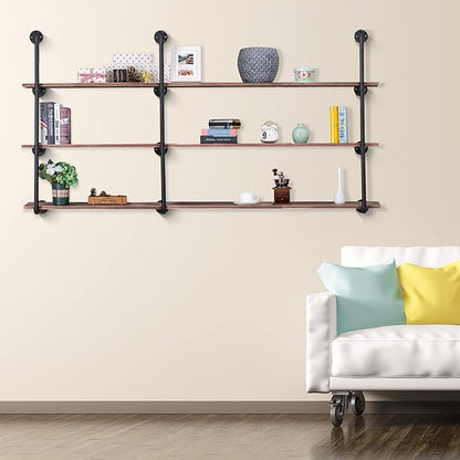 Pynsseu Industrial Iron Pipe Shelving Brackets Unit, Farmhouse Wall Mounted Pipe Shelves for Kitchen Bathroom, DIY Bookshelf Living Room Storage, 3Pack of 4 Tier
