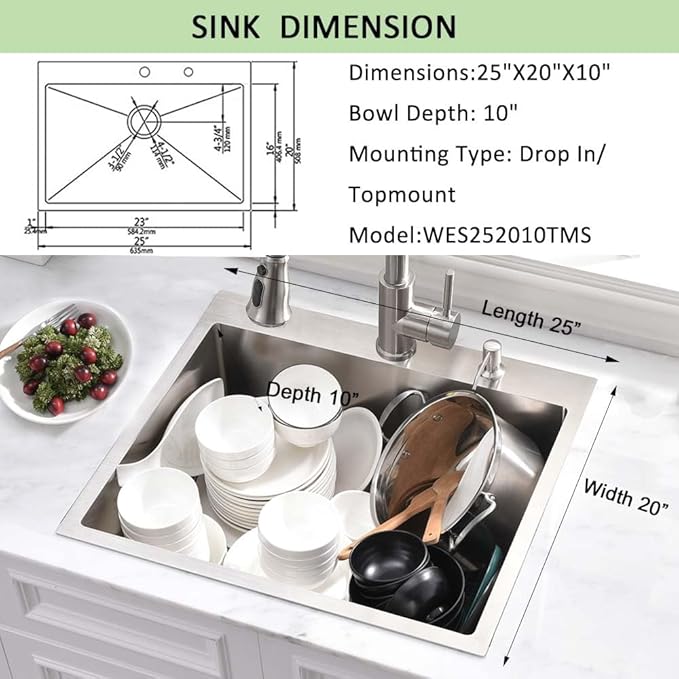25 Inch Drop in Kitchen Sink-Wesliv 25x20 Stainless Steel Kitchen Sink Drop In Topmount 16 Gauge 10 Inch Deep Single Bowl Sinks with Dish Grid & Strainer