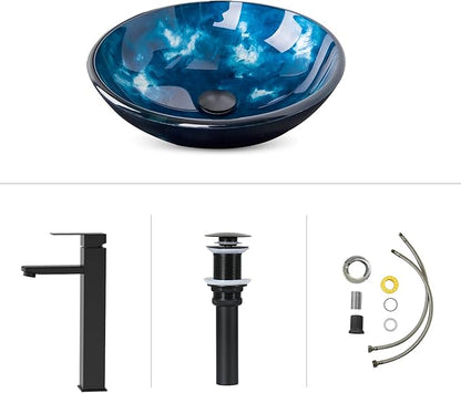 Bathroom Artistic Vessel Sink, Tempered Glass Vanity Round Bowl with Oil Rubber Bronze Faucet and Pop up drain Set, Ocean Blue