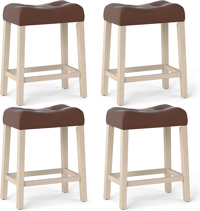 Giantex 24" Bar Stools Set of 4, Upholstered Counter Height Saddle Bar Stools with Footrest and Wood Legs, Farmhouse Faux Leather Backless Barstools for Kitchen Island, Dining Room, Cafe, Brown+Beige