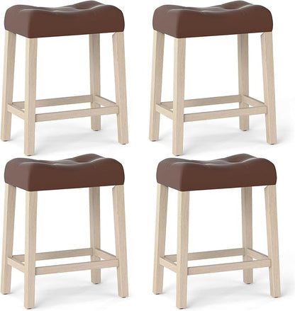 Giantex 24" Bar Stools Set of 4, Upholstered Counter Height Saddle Bar Stools with Footrest and Wood Legs, Farmhouse Faux Leather Backless Barstools for Kitchen Island, Dining Room, Cafe, Brown+Beige