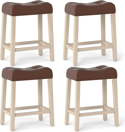 Giantex 24" Bar Stools Set of 4, Upholstered Counter Height Saddle Bar Stools with Footrest and Wood Legs, Farmhouse Faux Leather Backless Barstools for Kitchen Island, Dining Room, Cafe, Brown+Beige