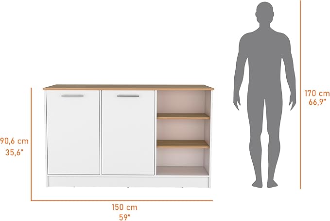 GOWE Gladiolus Kitchen Island in Melamine, Two Doors, Three Open Shelves