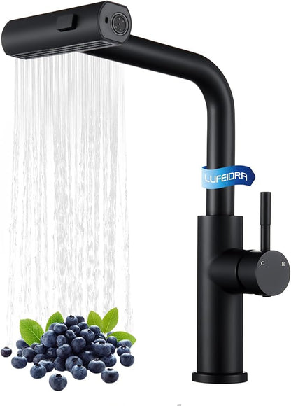 Kitchen Faucet with Pull Down Sprayer, Waterfall Single Hole Single Handle Sink Faucets with Pull-Down Sprayer for RV Kitchen Camper, Matte Black