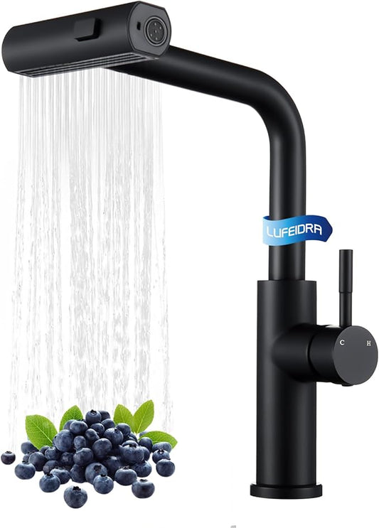 Kitchen Faucet with Pull Down Sprayer, Waterfall Single Hole Single Handle Sink Faucets with Pull-Down Sprayer for RV Kitchen Camper, Matte Black