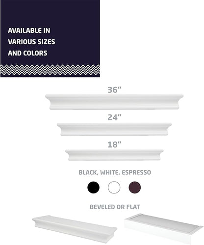 HIGH & MIGHTY 515604 Decorative 18" Floating Shelf Holds up to 15lbs, Easy Tool-Free Dry Wall Installation, Beveled, White