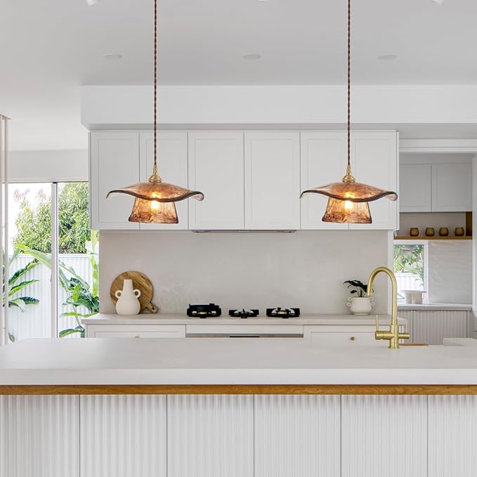YLONG-ZS Pendant Lights Kitchen Island,Glass Hanging Pendant Light Brass,Vintage Gold Farmhouse Kitchen Hanging Lights for Island Dining Room Bedroom Living Room Hotel