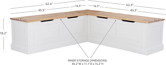 Linon Harris Natural and White Two Tone Backless Corner Breakfast Nook - Nook Only, Table is NOT Included