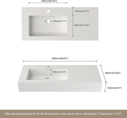 39.4"x18.9" Wall Mount Bathroom Vanity with Stone Resin Sink, White Floating Vanity Sink, Rectangular Vessel Sink for Bathroom, Modern Trough Design Matte White