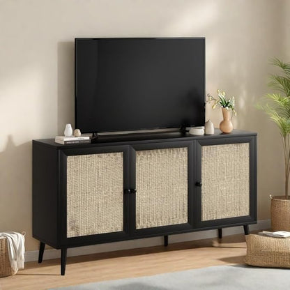 FONTOI Rattan Entryway Table, Entertainment Center with Adjustable Shelf, Sideboard Buffet Cabinet with 3 Rattan Doors, Modern Console Cabinet with Large Storage for Living Room, Kitchen, Black