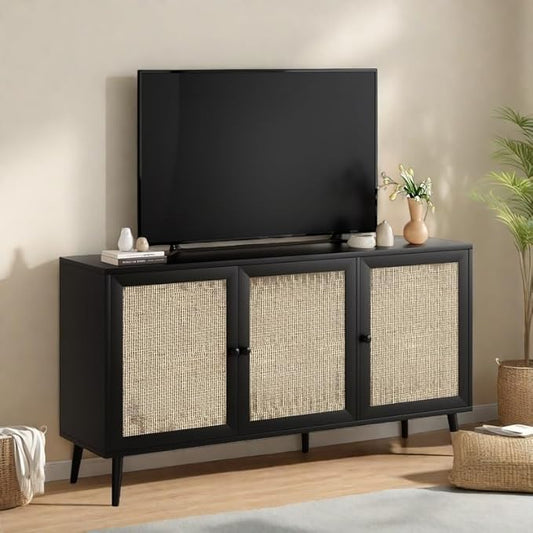 FONTOI Rattan Entryway Table, Entertainment Center with Adjustable Shelf, Sideboard Buffet Cabinet with 3 Rattan Doors, Modern Console Cabinet with Large Storage for Living Room, Kitchen, Black