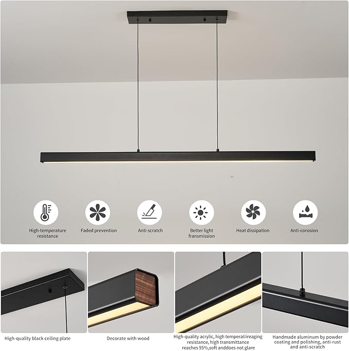 LED Linear Pendant Light Fixtures, 47'' Black Dimmable Island Light with Remote, 3000k-6000K Adjustable Color Temperature, Aluminum Chandelier Lamp Fixture for Kitchen, Dining Room, study room