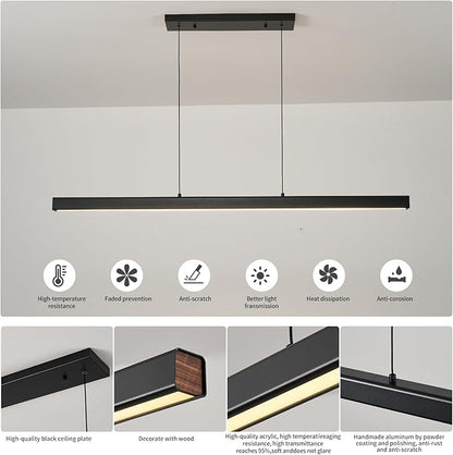 LED Linear Pendant Light Fixtures, 47'' Black Dimmable Island Light with Remote, 3000k-6000K Adjustable Color Temperature, Aluminum Chandelier Lamp Fixture for Kitchen, Dining Room, study room