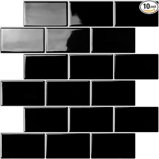 STICKGOO Subway Tiles Peel and Stick Backsplash, Stick on Tiles Kitchen Backsplash in Black (Pack of 10, Thicker Design)