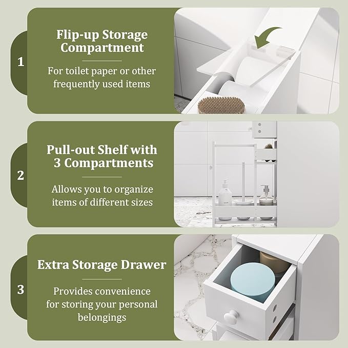 Nightcore Narrow Bathroom Storage Cabinet, Multi-Functional Storage Organizer with Drawers, Double Door, Shelves & Toilet Paper Holder, Space-Saving Storage Cabinet for Toilet, Kitchen,(White)