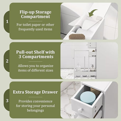 Nightcore Narrow Bathroom Storage Cabinet, Multi-Functional Storage Organizer with Drawers, Double Door, Shelves & Toilet Paper Holder, Space-Saving Storage Cabinet for Toilet, Kitchen,(White)