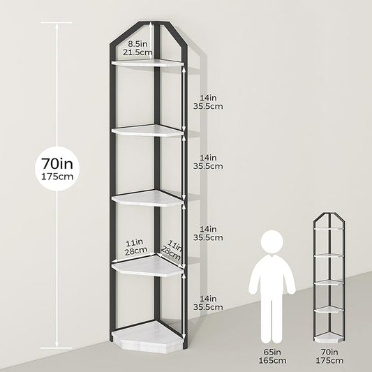 Fun Memories 5 Tier Corner Shelf, 70” Corner Shelf Stand, Corner Bookshelf Plant Stand, Storage Shelf for Bathroom, Living Room, Kitchen,Home Office, White