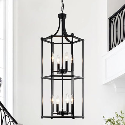 Foyer Chandeliers for High Ceilings 8-Light Black Chandelier for Entryway Lantern Tiered Pendant Light Fixtures Hanging Modern Farmhouse Chandeliers for Staircase Hallway Kitchen Living Room