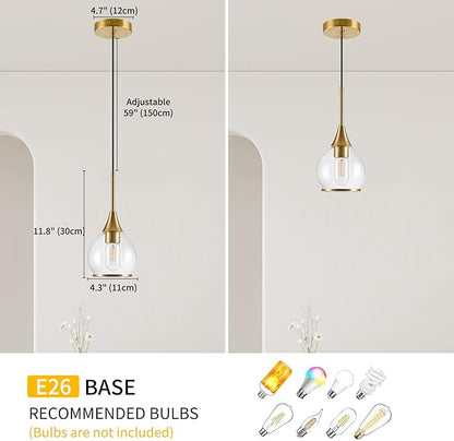 3 Pack Island Light for Kitchen, 1-Light Gold Kitchen Island Hanging Pendant Light, Brushed Gold Dining Room Light Fixture Over Table with Clear Round Glass Shades