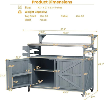 Casaphoria 53.3" Outdoor Kitchen BBQ Grill Cart, 100% Fir Wood Bar Cart Pizza Oven Table with Stainless Steel Countertop, Raised Worktop, Hooks, Adjustable Shelves Outdoor Kitchen Island,Blue