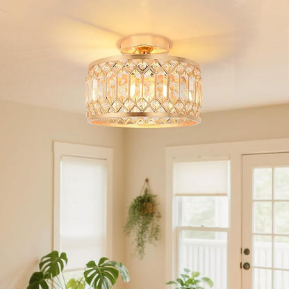 ANWIO Crystal Gold Ceiling Light Fixture, Modern Semi Flush Mount Ceiling Light, Crystal Chandelier for Kitchen Bedroom Bathroom Entryway, 10.63inch