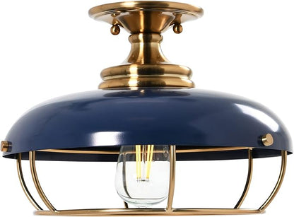 Presley Caged Dome Metal Semi-Flush Mount Ceiling Light, Brushed Brass and Navy Blue