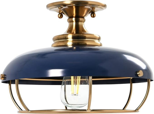 Presley Caged Dome Metal Semi-Flush Mount Ceiling Light, Brushed Brass and Navy Blue