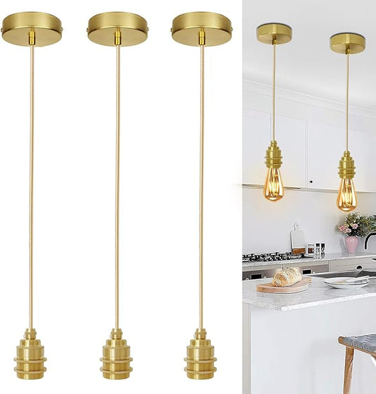 3pack Gold Pendant Light Kit, Hanging Lamps Cord 3.94ft Adjustable, Mini Pendant Lamp Fixture E26 Lamp Socket Vintage Ceiling Light Hanging Lighting for Farmhouse Bedroom Chandelier, Bulb Not Included