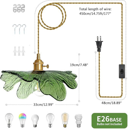 2 Pack Plug in Pendant Light, 14.75ft Cord Hanging Light with Hand Blown Green Glass Shade, Brass Pendant Lamp Plug in Hanging Lighting for Kitchen Island Bedroom Living Room Dining Room