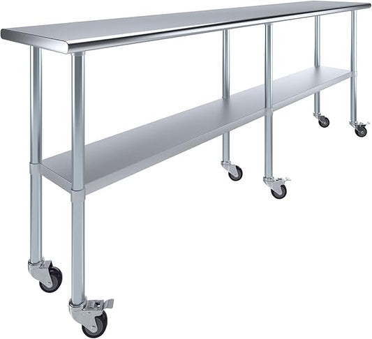 Stainless Steel Work Table with Wheels | NSF Kitchen Island Food Prep | Laundry Garage Utility Bench (Table + Wheels, 96" Long x 18" Deep)