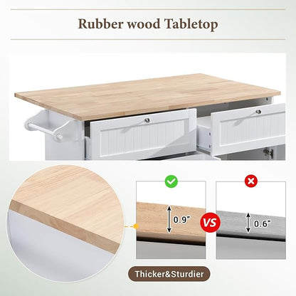 Farmhouse Kitchen Island Set with Drop Leaf and 2 Seatings Solid Wood White Design Dining Room, Versatile