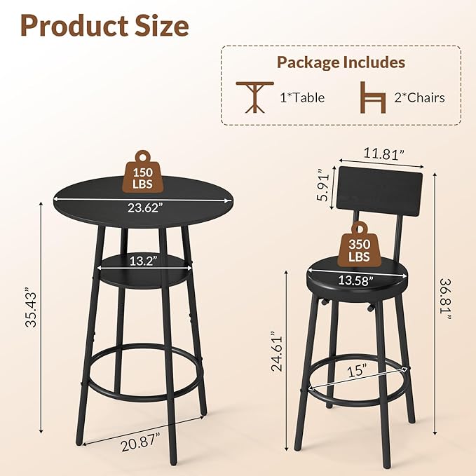 Zevemomo 3 Pieces Round Bar Table Set, Small Dining Table for 2, Black Kitchen Bar Table, Breakfast Table with Storage, 2 Thickened Cushion Stools with Backrest for Dining Room & Bistro-Black