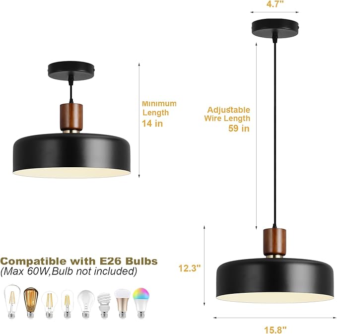 Industrial Pendant Light, Rubber Wood Dome Hanging Lamp with 15.8" Hammered Metal Shade, Black Modern Light Fixtures for Kitchen Island, Living Room,Restaurant,Farmhouse Dining Room, Bedroom, Hallway