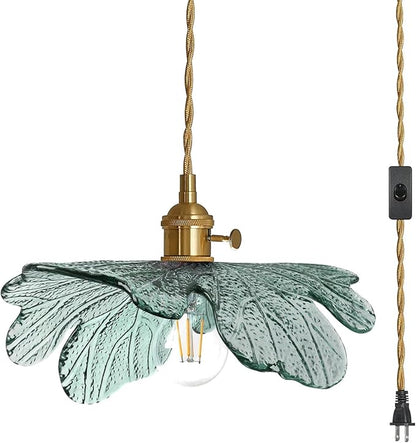Plug in Hanging light, Modern brass Pendant Light Dark green Glass Shade 14.75ft Hanging Light with Plug in Cord Large glass pendant light Plug in Pendant Lighting for Kitchen Living Dining Room