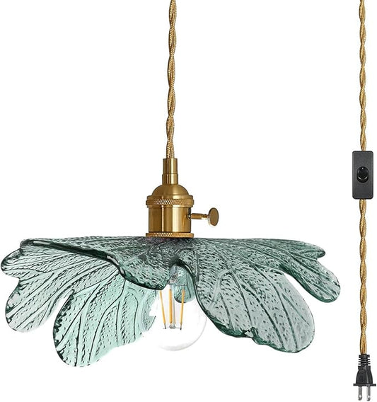 Plug in Hanging light, Modern brass Pendant Light Dark green Glass Shade 14.75ft Hanging Light with Plug in Cord Large glass pendant light Plug in Pendant Lighting for Kitchen Living Dining Room