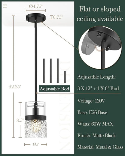 LMS 5 Inch Dia Black Pendant Light, Modern Hanging Lamp for Kitchen Island with Adjustable Rod, Medium Linear Light Fixtures with Hammered Glass, LMS-171PL-BKM