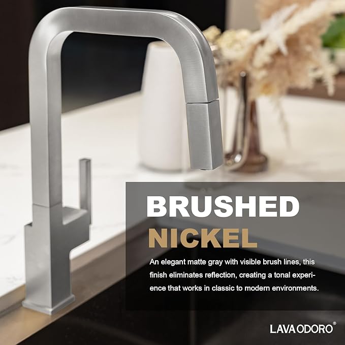 Brushed Nickel Kitchen Faucet with Pull Down Sprayer, Lava Odoro Single Handle Kitchen Sink Faucet, Faucet for Kitchen Sink with Magnetic Docking Spray Head and Deck Plate, KF182-BN