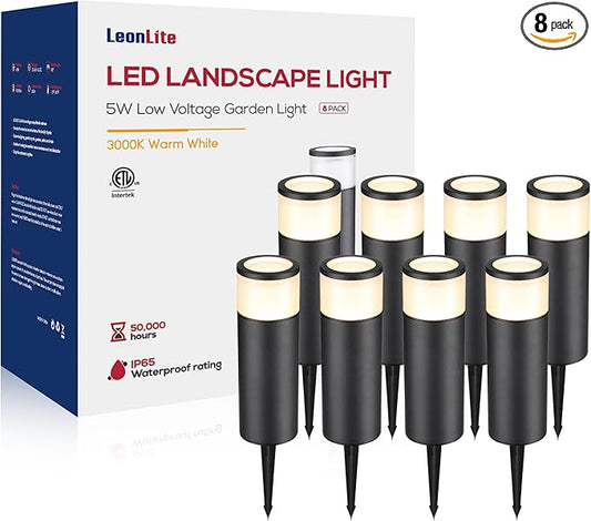 LEONLITE 8-Pack 5W LED Landscape Bollard Path Lighting, 12V-24V Low Voltage Landscape Lights, 3000K Warm White, Outdoor Pathway Light, Die-Cast Aluminum Housing
