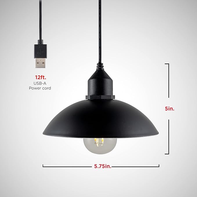 UltraPro USB LED Pendant Light with Hooded Shade, Lightweight, Hanging Light Fixture, Vintage Farmhouse Style, Camping, Garage, Shed, Storm Shelter and More, 61748