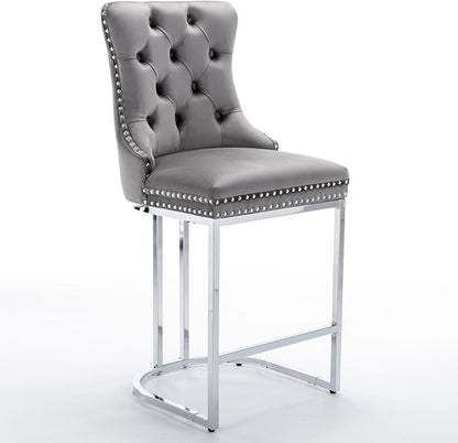 26" Counter Height Bar Stools Set of 2, Modern Velvet with Button Back Rivet Trim Upholstered Kitchen Island Chairs with Sturdy Chromed Metal Base Legs Farmhouse Bar Stools, (Gray,2 Pack)