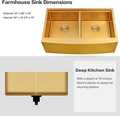 Gold Double Farmhouse kitchen Sink,16-Gauge SUS304 Stainless Steel Farm Sinks, 50/50 Apron Front Features Workstaion Sink With Accessories,33''×20''×10" Large and Deep Double Kitchen Sinks