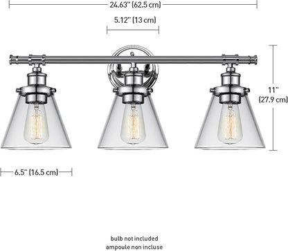 Globe Electric 51234 5-Piece All-in-One Bathroom Set, Chrome, 23" 3-Light Vanity Wall Light with Clear Glass Shades, Towel Bar and Ring, Robe Hook, Toilet Paper Holder, Beauty Room Accessories