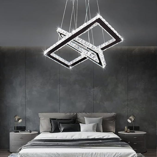 Finktonglan Modern Crystal Chandelier, Rectangular Double Ring LED Pendant Light, 6000K Cool White Non-Dimmable, Height Adjustable Hanging Light Fixture for Dining Room Living Room Bedroom