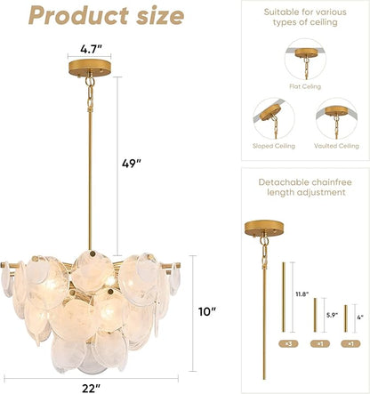 Gold Chandelier for Bathroom Alabaster Dining Room Light Fixture Modern Glass Chandeliers for Bedroom Living Room Kitchen Entryway Stairway and Foyer（Vintage capiz）