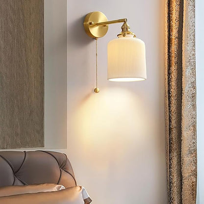 Vintage Wall Sconce Light Ceramic Wall Lamp with Pull Chain Switch White Ceramic Shade Retro Gold Brass Wall Lighting for Bedroom Kitchen Sink Farmhouse