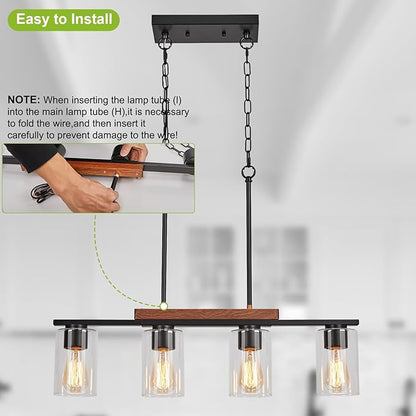 WILON Kitchen Island Lighting, 4 Lights Black Linear Chandeliers Modern Farmhouse Chandelier with Glass Shades for Kitchen Island Living Dining Room Foyer Bedroom(Black,4 Lights)
