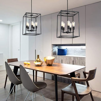 BONLICHT 5 Light Large Farmhouse Chandelier Rustic Dining Room Lighting Fixtures Hanging,Black Foyer Square Cage Pendant Lighting Vintage Industrial Kitchen Island Ceiling Lamp with Metal Art Shade