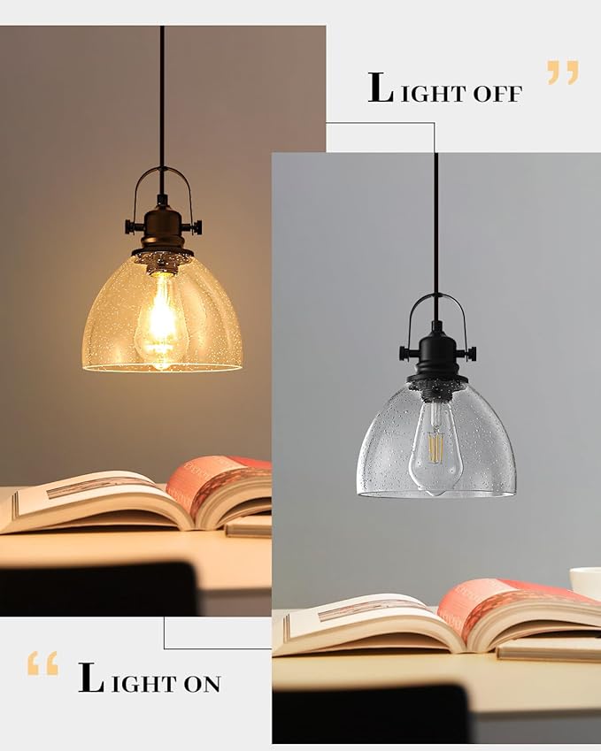 Black Pendant Lights Kitchen Island 2 Pack, 7.5" Seeded Glass Pendant Lights, Vintage Industrial Pendant Light Kitchen Island, Farmhouse Pendant Lighting for Kitchen, Dining Room, Bar, Cafe