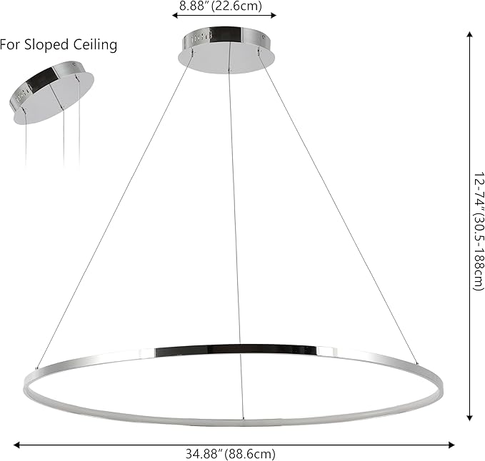 JONATHAN Y 35" Chrome Modern Integrated LED Pendant Light, Dimmable Round Hoop Chandelier for Kitchen Island, Dining Room, Adjustable Height Metal Hanging Light (JYL7220C)