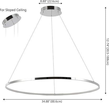JONATHAN Y 35" Chrome Modern Integrated LED Pendant Light, Dimmable Round Hoop Chandelier for Kitchen Island, Dining Room, Adjustable Height Metal Hanging Light (JYL7220C)